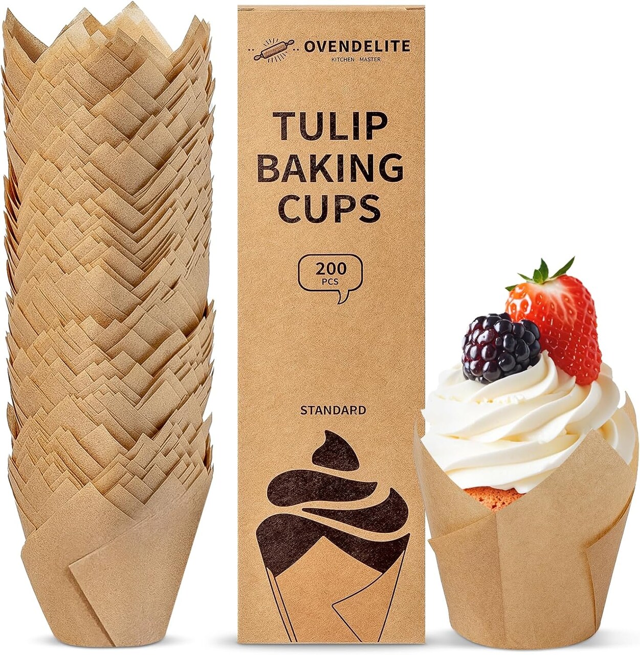 Tulip Cupcake Liners Natural 200PCS - Unbleached Parchment Muffin Liners, Non-Fade Oven-Safe, Brunch & Cafe Style Baking Cups